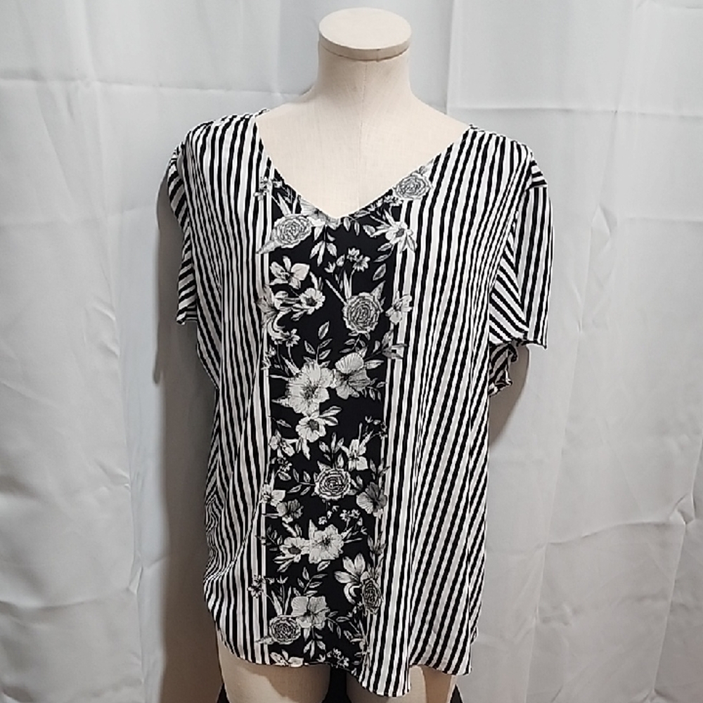 Elle Black and White Striped Floral Blouse